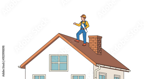 A cartoon constructor worker wearing a hard hat and blue overalls is standing on a residential house roof, holding a blueprint and presenting something.