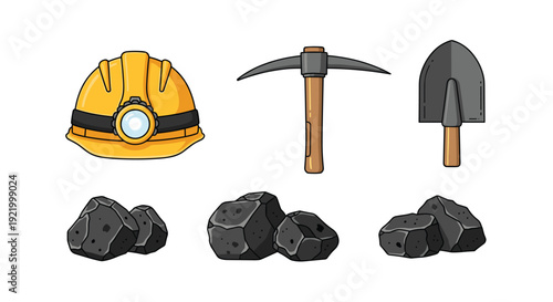 Various mining tools, including a yellow hard hat with a headlight, a pickaxe, a shovel, and three piles of coal rocks, are arranged on a white background.