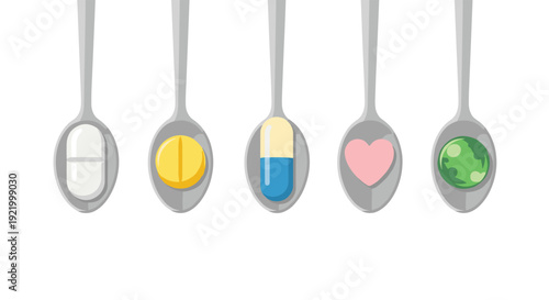 Five silver spoons, each holding a different medical item-a white pill, a yellow pill, a blue capsule, a pink heart, and a green capsule-are presented in a row.