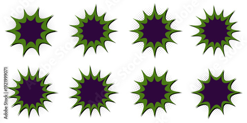 Set of Villainous Purple and Green Comic Book Speech Bubbles for Halloween Graphics and Superhero Designs