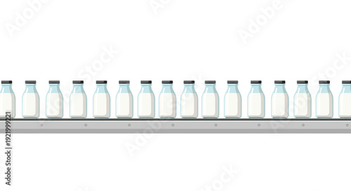 Numerous glass milk bottles, each filled with white milk and capped in black, are neatly aligned and moving along an industrial conveyor belt in a factory.