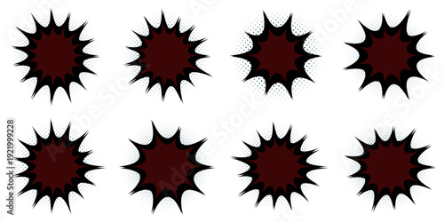 Set of dark maroon retro manga action bursts and comic book explosion speech bubbles with halftone
