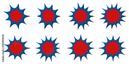 Retro Superhero Comic Book Speech Bubbles with Halftone Dots and Red Blue Colors