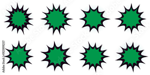 Set of green comic book explosion bubbles for eco-friendly marketing and sustainable business news