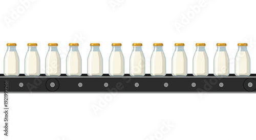 A row of glass milk bottles with yellow caps moves along a dark gray industrial conveyor belt against a white background.