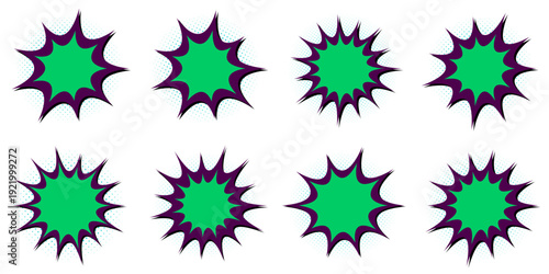 Set of Retro Green and Purple Comic Book Burst Stickers for Superhero Themed Digital Scrapbooking
