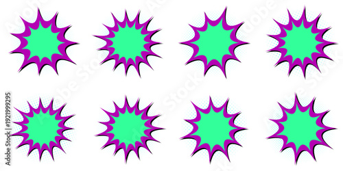 Vibrant green and purple starburst explosion icons for gamified app rewards and retro comic book graphics