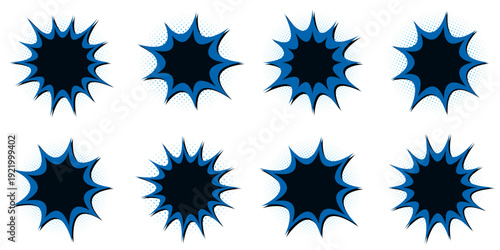 Blue and black pop art comic book explosion frames for superhero action sound effects