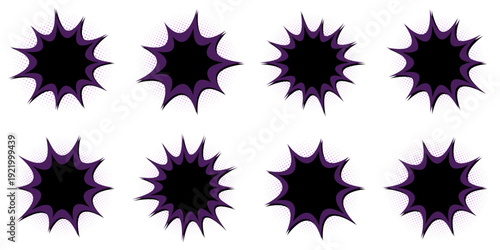 Dark Purple Comic Book Explosion Bubbles, Superhero Action Speech Clouds, Retro Pop Art Elements