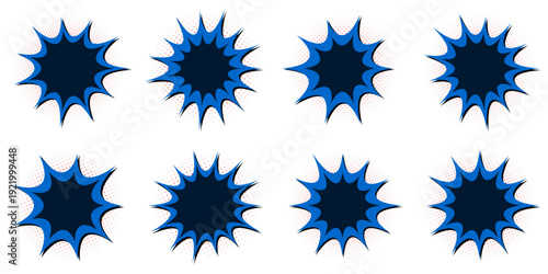 Blue Superhero Comic Book Action Burst Elements, Retro Pop Art Explosion Shapes for Graphic Design