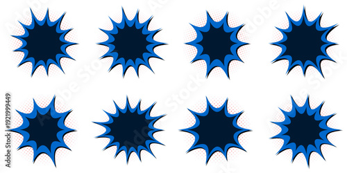 Set of Blue Comic Book Explosion Speech Bubbles for Superhero Action and Retro Pop Art Design