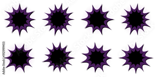 Set of dark purple villainous comic book explosion frames with halftone dots