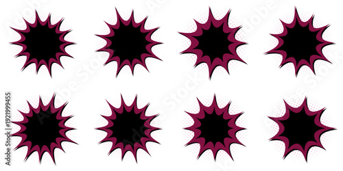 Set of dark purple comic book explosion bubbles for villain dialogue and action scenes