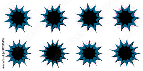 Set of Dark Blue Comic Book Explosion Bubbles with Pink Halftone Shadow for Noir Design