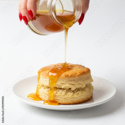 Honey poured over a buttermilk bisquit