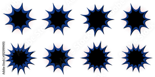 Set of retro superhero comic book action burst elements with blue borders and halftone dots