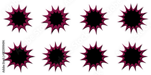 Dark Purple Comic Book Explosion Bubbles, Retro Superhero Action Speech Clouds Set