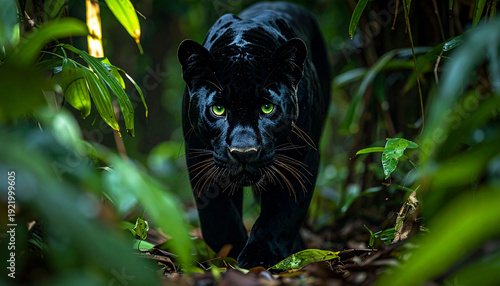 Exotic black panther walking in a green forest