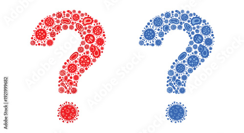 A large red question mark formed by various microscopic viruses and germs stands next to a similar blue one on a clean white surface.