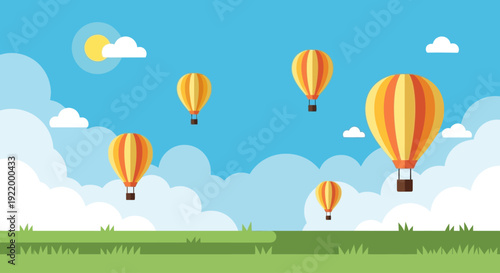 Flat design illustration of flying hot air balloon in the blue sky with white clouds and banner for adding your text, vector