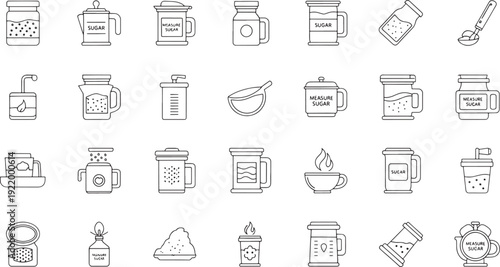 Collection of hand drawn line representing sugar containers and measuring tools pitcher