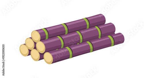 A neatly arranged stack of purple sugarcane stalks with visible nodes and cut ends lies on a clean white background.