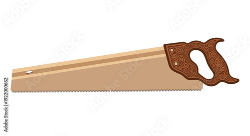 Classic Wooden Hand Saw with Intricate Scrollwork on the Handle, Isolated