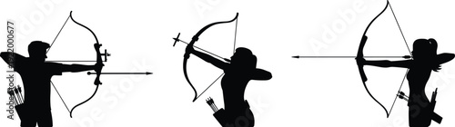 Archer silhouette set featuring male and female archery players aiming with bow and arrow isolated on white background, sports vector illustration collection
