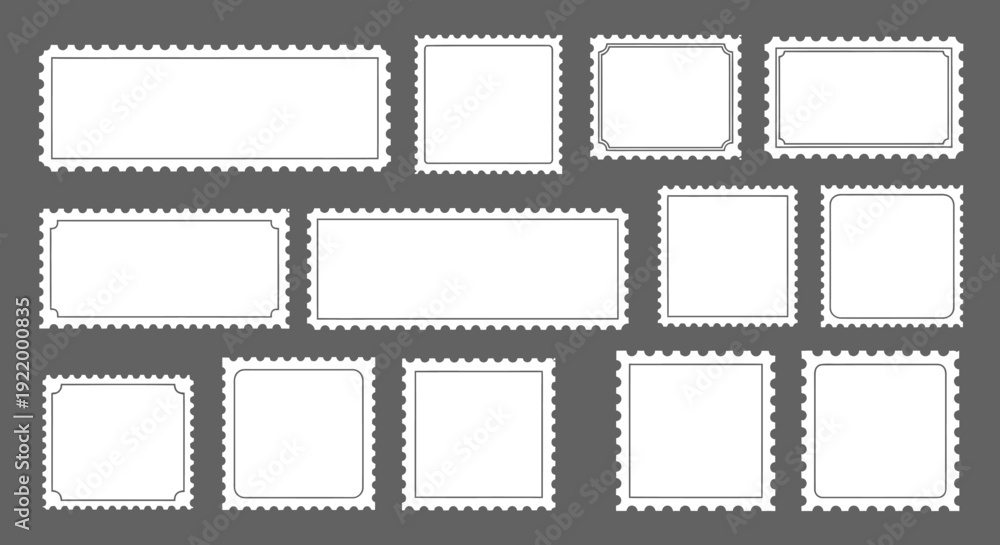 Obraz premium Collection of Blank Postage Stamp Frames with Perforated Edges on Gray Background