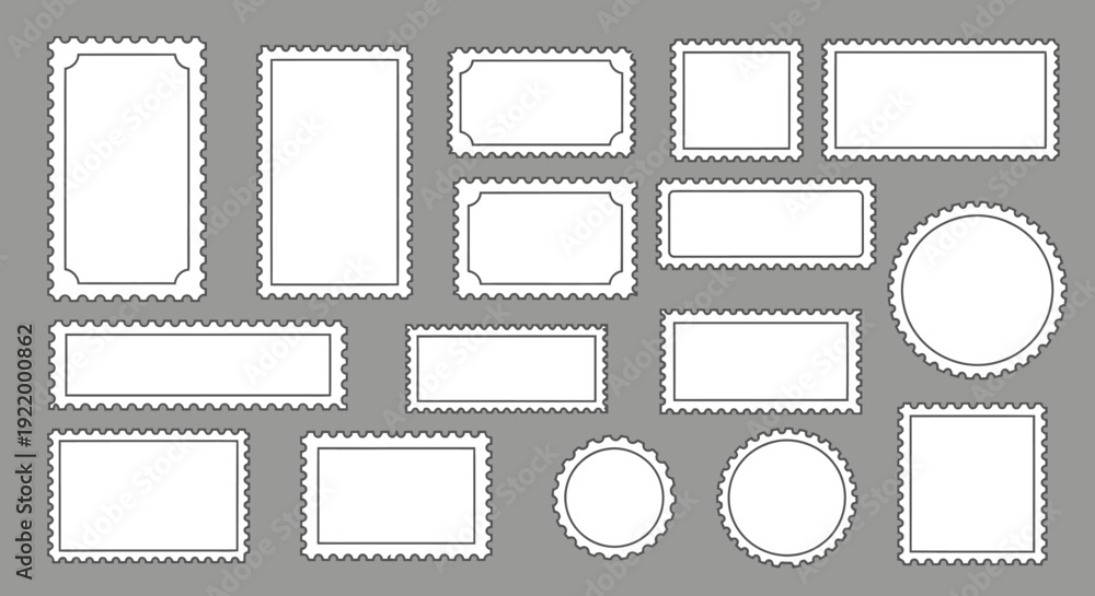 Obraz premium Collection of Blank Postage Stamp Templates with Serrated Edges on Gray Background