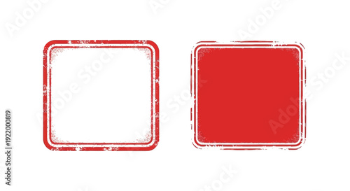 Set of distressed red square stamp templates with rounded corners, isolated on white