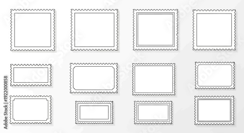 Collection of Blank Postage Stamp Frames with Perforated Edges Isolated on White