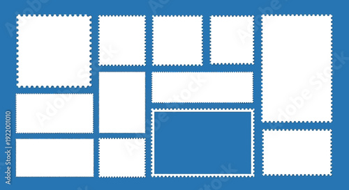 Collection of Blank Postage Stamp Frames with Perforated Edges on Blue Background