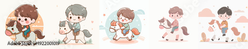 A Cute Boy Riding a Horse Vector Illustration