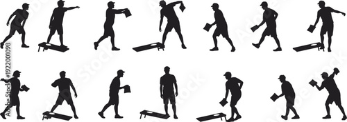 Cornhole player silhouette set featuring men throwing bean bags at target board isolated on white background, backyard outdoor game vector illustration collection