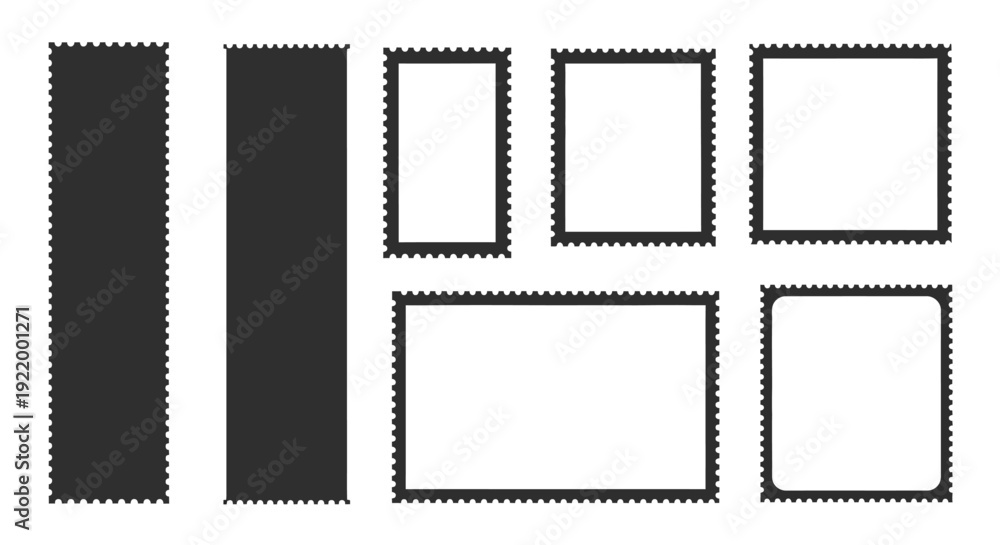 Obraz premium Collection of Various Postage Stamp Shapes with Perforated Edges on White Background