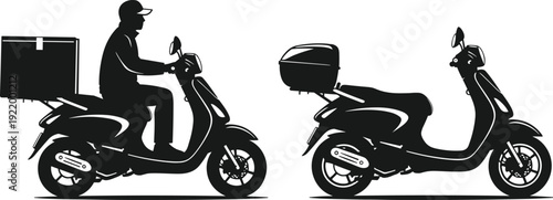Delivery scooter silhouette with courier rider and cargo box isolated on white background, food delivery motorcycle vector illustration for logistics service concept
