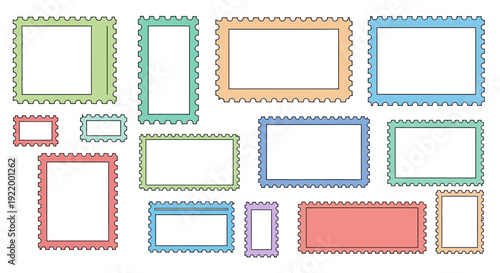Collection of colorful postage stamp frames with perforated edges on white background