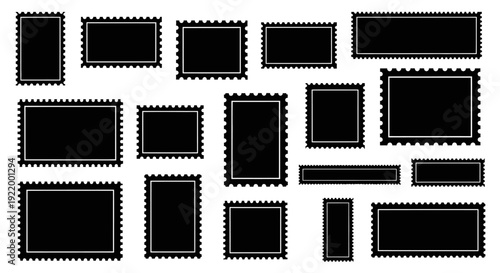 Collection of Diverse Black Postage Stamp Shapes with Perforated Edges on White