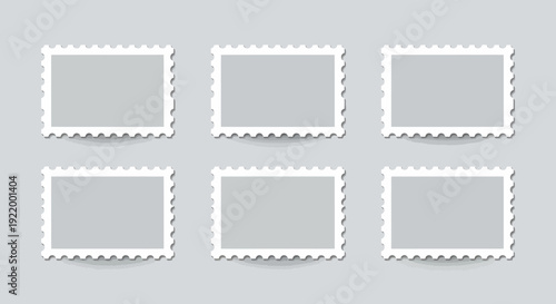 Collection of Blank Vintage Postage Stamp Frames on a Light Gray Background