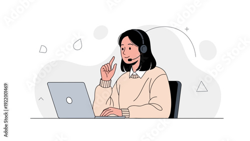 Customer Service Woman with Headset and Laptop, Online Support, Flat Illustration