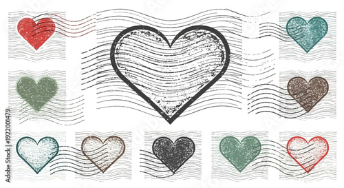 Collection of Vintage Heart Shaped Postmark Stamps with Wavy Lines Background