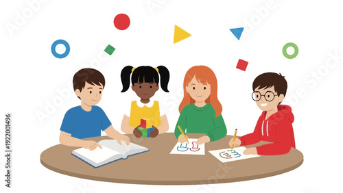 Diverse Children Learning and Playing Together at Table with Abstract Shapes