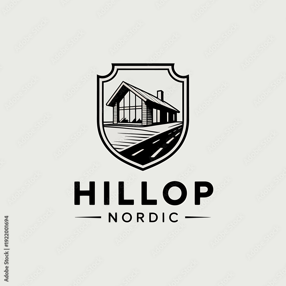 Fototapeta premium Logo design featuring a house and road in a shield shape with text