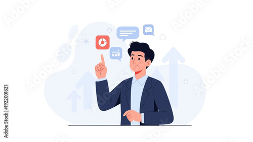 Businessman interacting with digital interface, pointing to analytics icon
