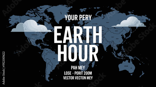 Earth Hour campaign poster with world map and clouds  environmental awareness