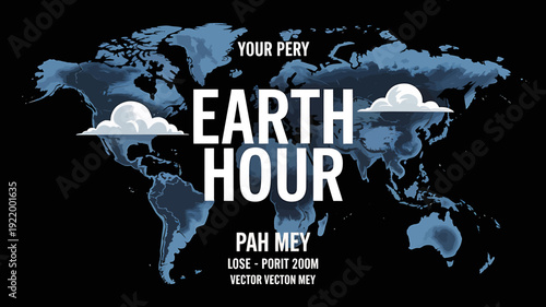 Earth Hour campaign poster with world map and clouds on dark background