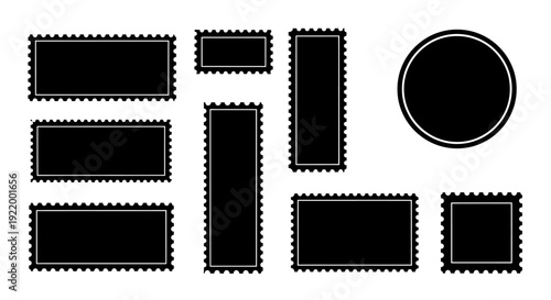 Collection of Black Postage Stamps with Perforated Edges, Various Shapes and Sizes