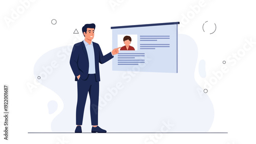 Businessman presenting resume on screen, job interview, career success concept