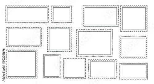 Collection of vintage postage stamp frames with perforated edges and empty space for text